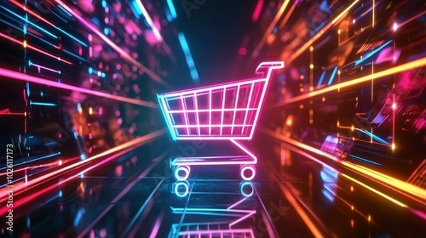 Fototapeta Colorful neon shopping cart in a futuristic digital environment, symbolizing e-commerce, online shopping, and technology.