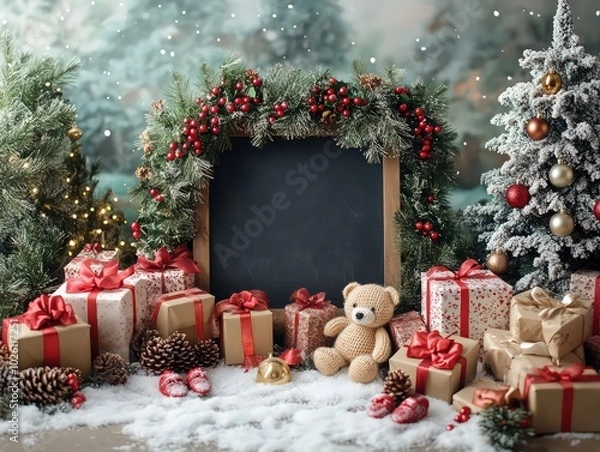 Fototapeta Create a cozy, wintery Christmas-themed baby announcement scene. Center a wooden-framed chalkboard surrounded by a garland of pine, holly, and red berries, adorned with twinkling fairy lights.