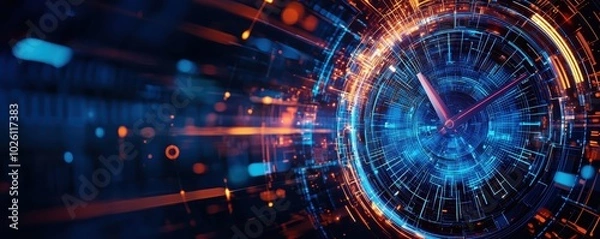 Fototapeta Abstract futuristic clock interface with glowing lights and digital elements, representing the concept of time and technology.