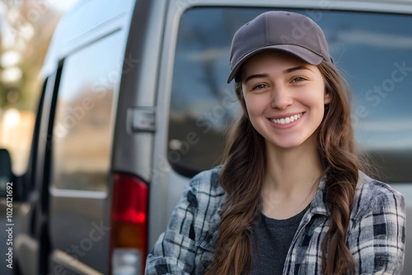Fototapeta A cheerful smiling female delivery driver standing in front of a delivery van, Happy employee, Logistics and transportation industry
