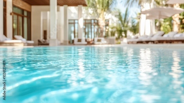Fototapeta A serene and inviting poolside view at a luxurious tropical resort, featuring crystal-clear waters, elegant architecture, and lush green surroundings in perfect harmony.