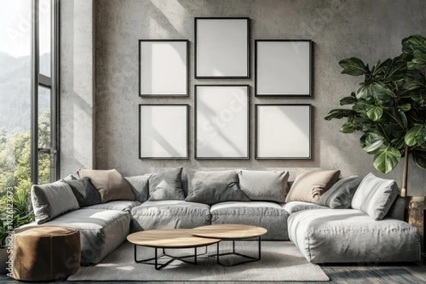 Obraz Gallery wall mockup, set of 5 black thin frames, empty frames, modern, minimalist wall art frame mockup