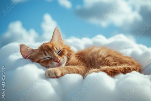 Fototapeta Cat sleeping on a cloud in a dreamy sky in heaven