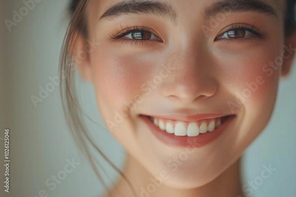 Fototapeta Close-Up of a Smiling Woman's Face Illuminated by Soft Natural Light