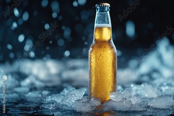 Fototapeta Chilled Beer Bottle with Bubbles in Dark Environment