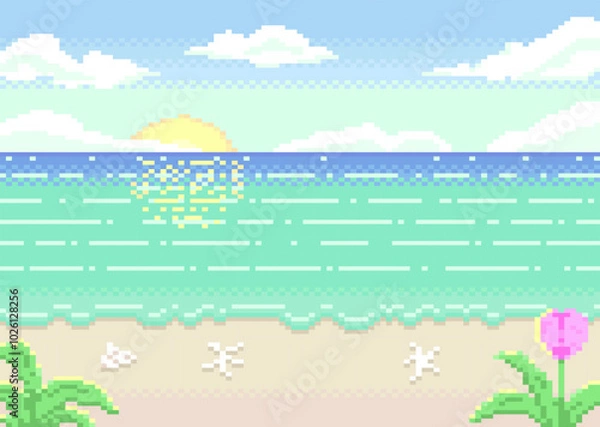 Fototapeta Sea and beach in morning with sunrise on blue sky background in pixel style.