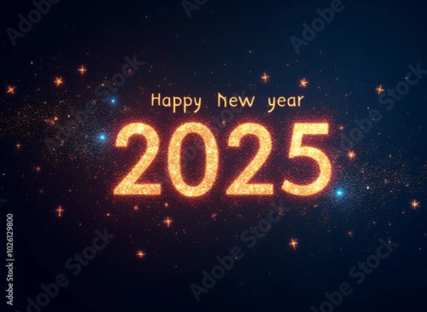 Fototapeta A vibrant and elegant 2025 Happy New Year design features a dark background set against a twinkling canvas of celestial stars._00001_