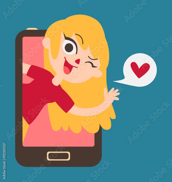 Fototapeta Cute Lover Girl Showing on Phone Screen
