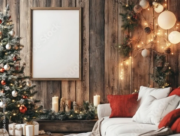 Fototapeta mock up country farmhouse living room, large vertical picture frame on the wall ar 2:1, winter, christmas decorations, ultra-realistic, Photography