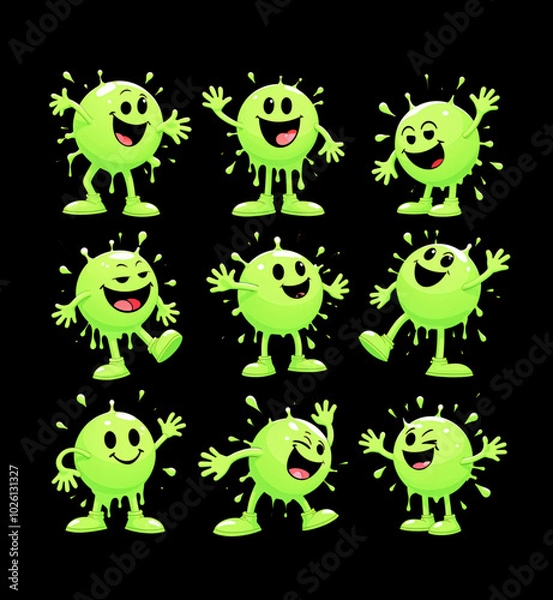 Obraz Set of Cute Green Cartoon Germ Characters – Fun and Playful Virus Illustrations on Black Background