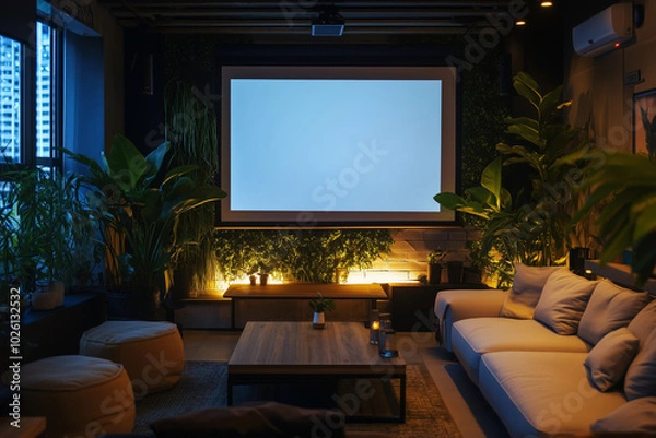 Obraz living room with a large screen TV and a potted plant. The room is dimly lit, creating a cozy atmosphere