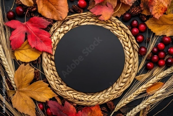 Fototapeta Premium photography featuring wheat ears, cranberries and autumn leaves arranged elegantly in a intriguing composition, a black circle in the middle leaves space for typography,
