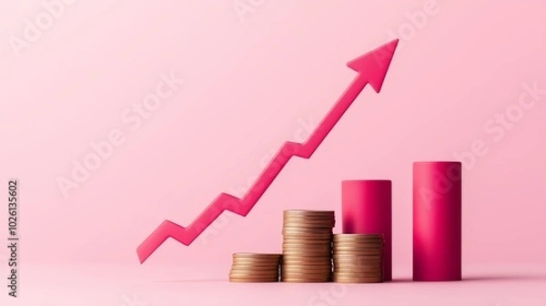 Fototapeta Pink arrow pointing up with stacks of coins and bars on a pink background.