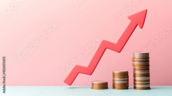 Fototapeta Red arrow pointing upwards, symbolizing growth, above stacks of gold coins on a pink and blue background.