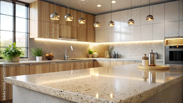 Fototapeta Sleek quartz countertop for product display and showcase against blurred background of modern wood and white kitchen