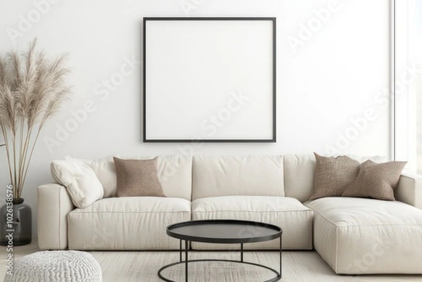 Fototapeta Photo of a modern living room interior with a blank poster frame on the wall, a beige sofa, and a coffee table near a white wall background. Minimalist home décor template for artwork or advertising