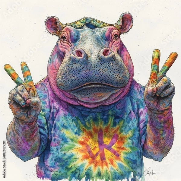 Fototapeta hippo with tie dye shirt and peace signs, flower power vibes