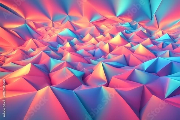 Fototapeta 3D Abstract Landscape with Colorful Peaks and Valleys, Featuring a Gradient of Pink, Blue, and Yellow Hues