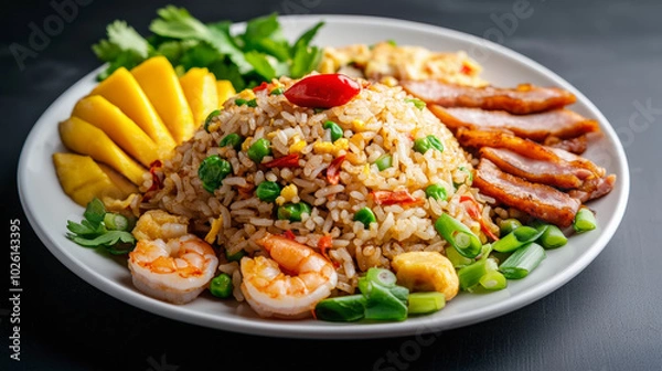 Fototapeta A colorful plate featuring shrimp fried rice with peas, sliced mango, grilled meat, green onions, egg, and garnished with herbs and a chili pepper.