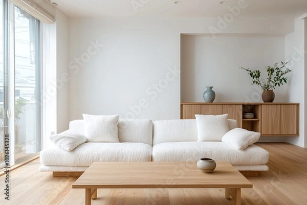 Fototapeta A modern japandi interior in the living room with minimalist, wood cabinets and boucle sofas. Generative AI
