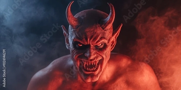 Fototapeta A menacing demon figure with horns and an intense glare, surrounded by swirling smoke and dramatic lighting.