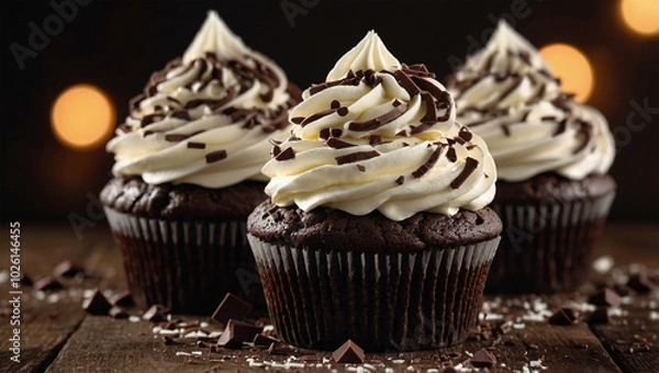 Fototapeta Chocolate cupcakes topped with whipped cream and chocolate sprinkles, arranged on a rustic table with soft lighting.