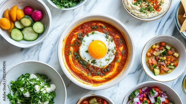 Fototapeta Overhead view of shakshuka featuring a perfectly poached egg yolk, beautifully arranged with vibrant side dishes including hummus, tabbouleh, and pickled vegetables, on a sleek white marble surface