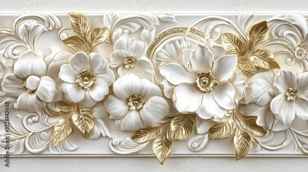 Obraz Elegant white and gold floral border with ornate jewelry-inspired patterns. The gold highlights enhance the detailed flower designs for a classy finish