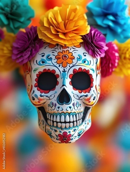 Fototapeta Sugar Skull with Colorful Garland A sugar skull with intricate designs, framed by a string of colorful paper garlands, with a bright and cheerful background. 