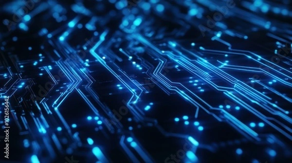 Fototapeta Futuristic abstract blue circuit lines on a dark background representing technology and innovation Close-up photo with clean background