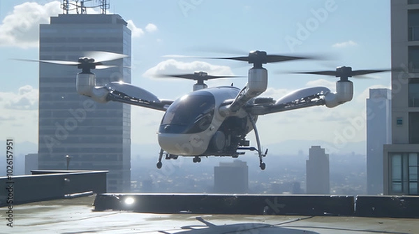 Fototapeta A generic white electric powered vertical take off and landing eVTOL aircraft with four rotors