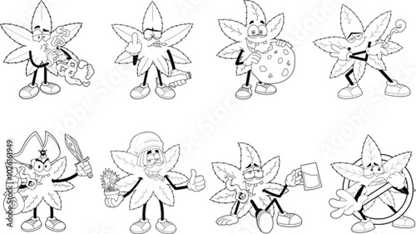 Fototapeta Outlined Funny Marijuana Leaf Cartoon Characters. Vector Hand Drawn Collection Set