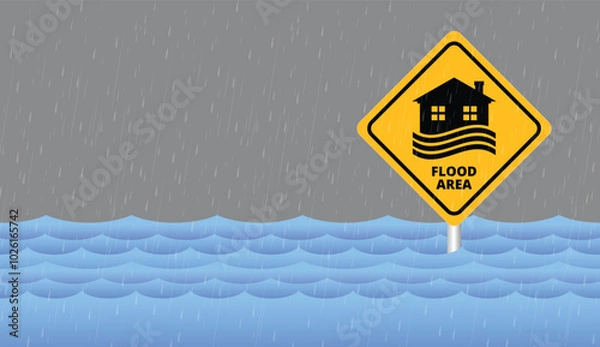 Fototapeta Flood area sign, natural disaster with house, heavy rain and storm, clouds and rain