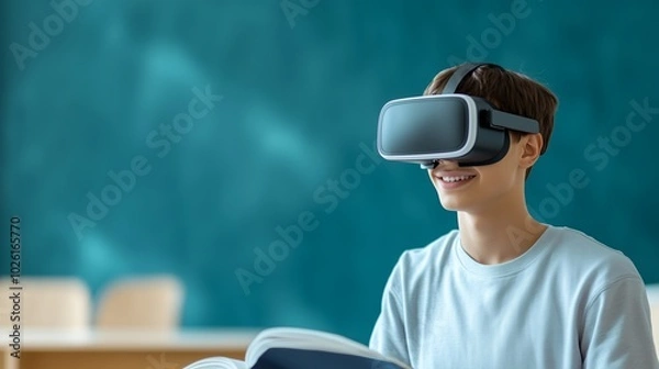 Fototapeta A young man wearing a VR headset smiles while holding a book in a classroom.  The concept of virtual learning and technology in education.
