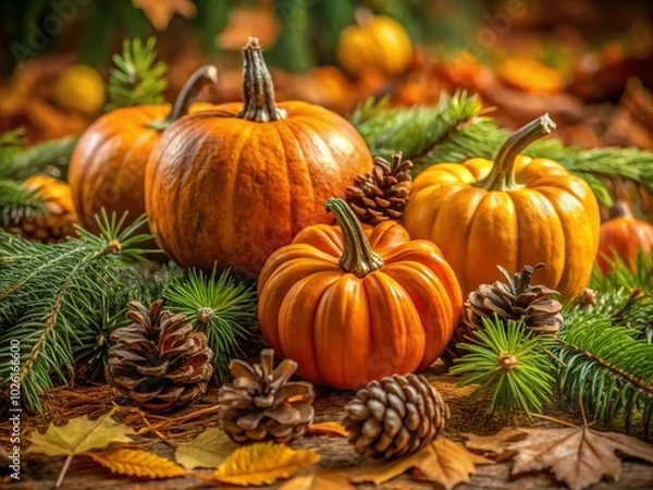 Fototapeta Vibrant Autumn Scene with Pumpkins and Pine Needles for Seasonal Decor