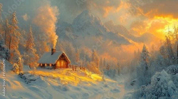 Fototapeta A cozy cabin nestled in a snowy landscape at sunset, surrounded by majestic mountains and soft winter light