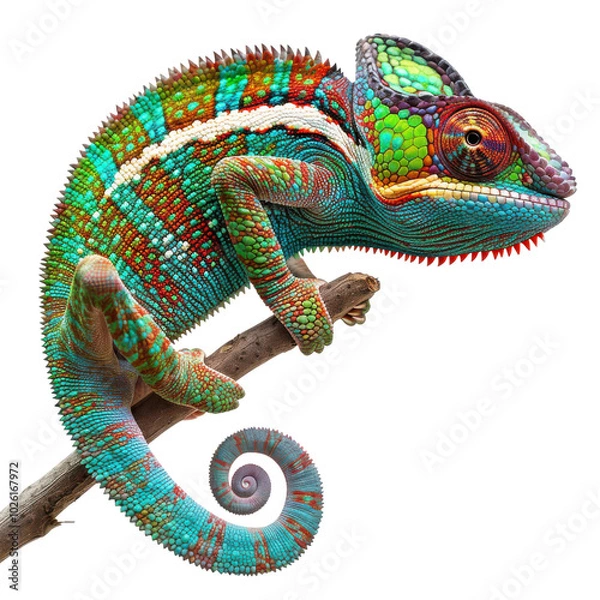 Obraz Color-changing chameleon on a branch. a chameleon perched on a branch, showcasing vibrant, color-changing scales. Isolated on a transparent background, ideal for wildlife and nature designs.