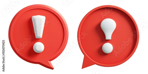 Obraz Red speech bubble, 3D vector illustration of a red speech bubble with a bold white exclamation mark in the center, isolated on a transparent background. Ideal for communication or warning graphics.