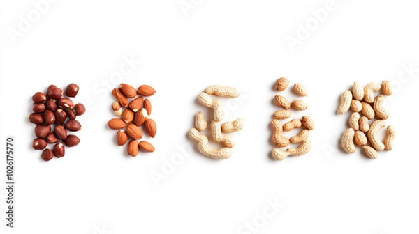 Fototapeta A variety of nuts displayed in a colorful arrangement on a white background