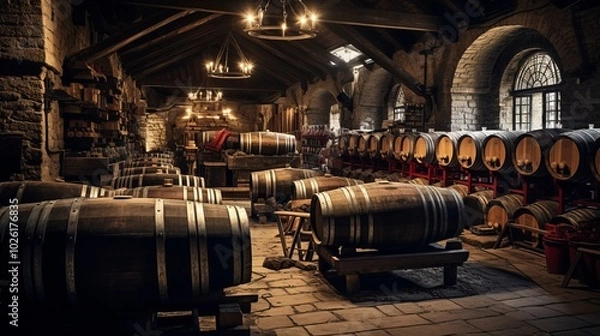 Fototapeta Vintage Elegance: Exploring an Old Wine Cell  with Oak B rels Overflowing with Red Wine [ ]