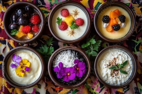 Fototapeta A colorful display of delightful desserts. This image shows six bowls filled with fresh fruit and creamy delights. Perfect for food lovers and desserts enthusiasts. Generative AI