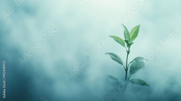 Fototapeta Young plant in early morning fog with soft light - Blending the elements of mist, soft morning light, and the tender growth of a young plant, creating a serene, 
