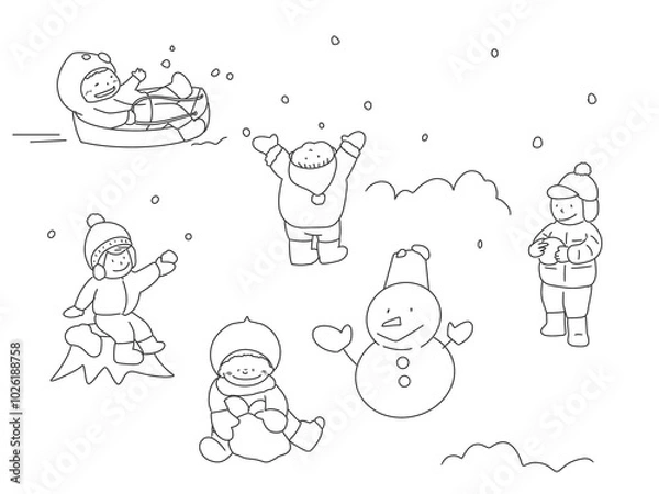 Obraz 雪遊びをする子どものイラスト　モノクロ