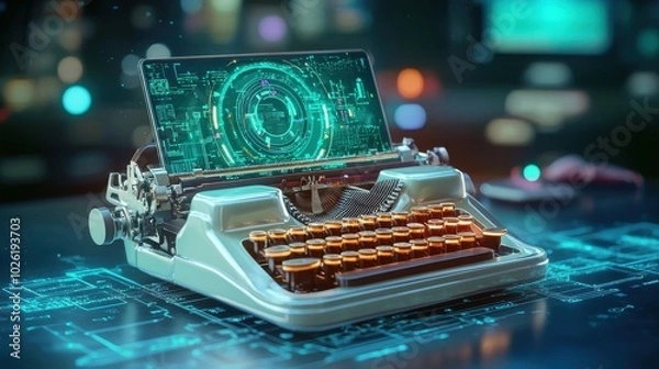 Fototapeta Vintage typewriter morphing into a sleek laptop in a futuristic setting