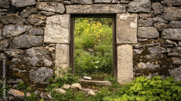 Fototapeta A rustic stone doorway opens to vibrant greenery, evoking a sense of nature reclaiming its space amidst crumbling architecture.