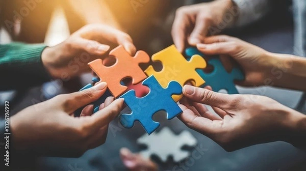 Fototapeta Collaborative Puzzle Assembly in a Team Environment