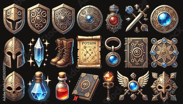Obraz Fantasy Adventure Icon Set with Potions Gemstones Boots and Scrolls