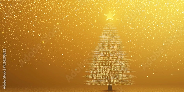 Obraz Christmas tree design in binary code style for IT professionals on golden background .Banner,  space for text