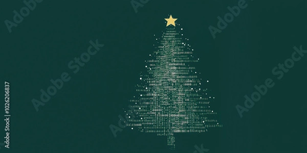 Obraz Minimalistic digital Christmas tree design with binary code for IT professionals and programmers for greeting card. Green background . Space for text. Banner