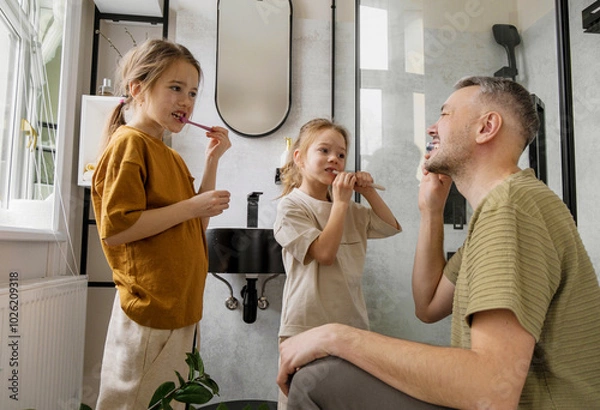 Obraz A father teaches his two daughters how to brush their teeth in the bathroom. He is showing them how to hold the toothbrush correctly and how to brush their teeth properly.